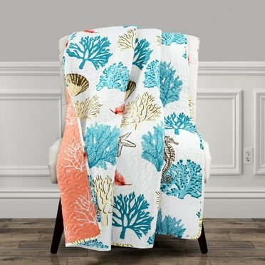 Lush Decor Coastal Reef Feather Polyester Throw, 60x50, Blue/Coral, Single