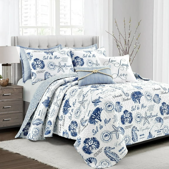 Lush Decor Coastal Reversible Washable Quilt Sets, Full/Queen, Indigo, 7-Pieces