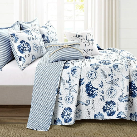 Lush Decor Coastal Reversible Washable Quilt Sets, King, Blue, 7-Pieces