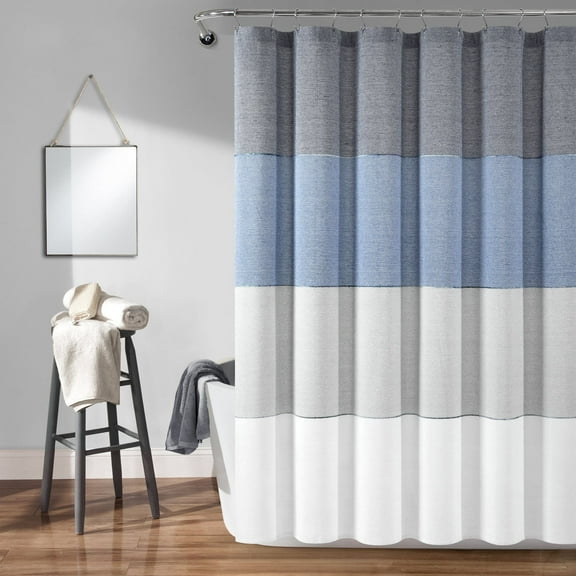 Lush Decor Color Block Ombre Yarn Dyed Eco-Friendly Recycled Cotton Shower Curtain Navy Single 72X72
