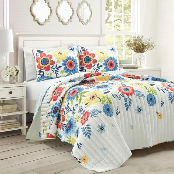 Lush Decor  Cottage Core Ariana Flower Reversible Oversized 3 Piece Quilt Navy/Multi - Full - Queen