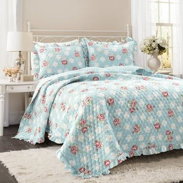 Lush Decor Cottage Core Floral Ruffle Reversible Oversized Quilt Blue/Blush 3Pc Set Full/Queen