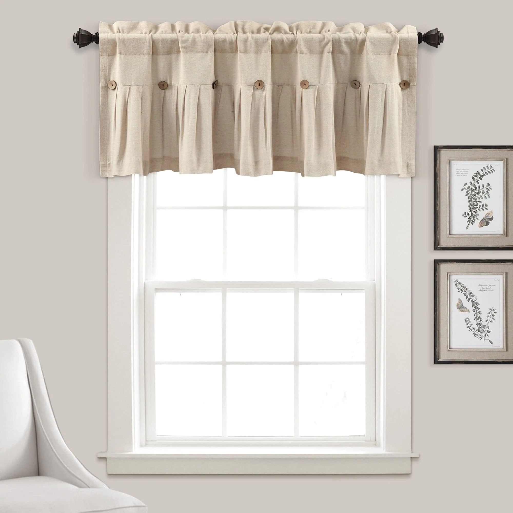 Dark Linen Cotton Blend Button Detail Window Valance