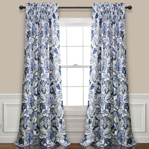 Lush Decor Cynthia Jacobean Room Darkening 108" x 52" + 2" Header Floral Blue 3" Rod Pocket 2-Pc Set Window Panel