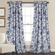 Lush Decor Cynthia Jacobean Room Darkening 84" x 52" + 2" Header Print Blue 3" Rod Pocket 2-Piece Set Window Panel Curtain