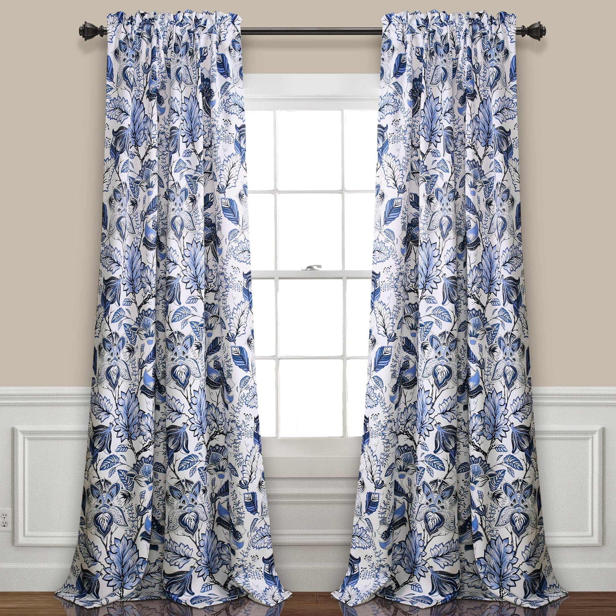 Blue Floral Jacobean Polyester Room Darkening Window Panels
