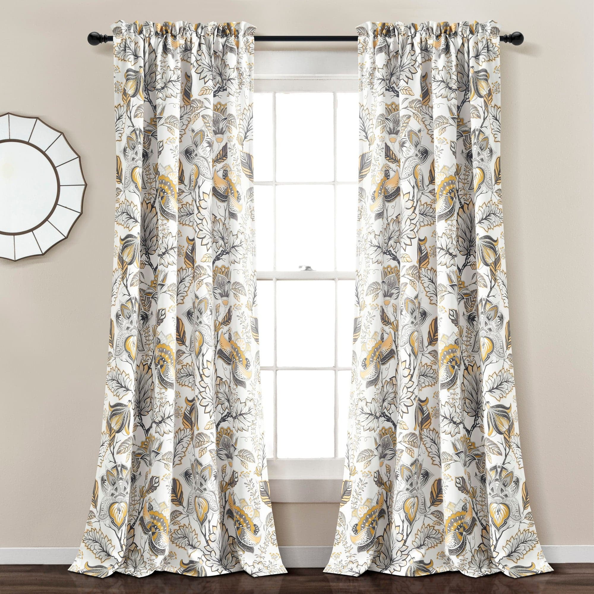 Cynthia Jacobean Yellow and Gray Floral Polyester Blackout Curtains