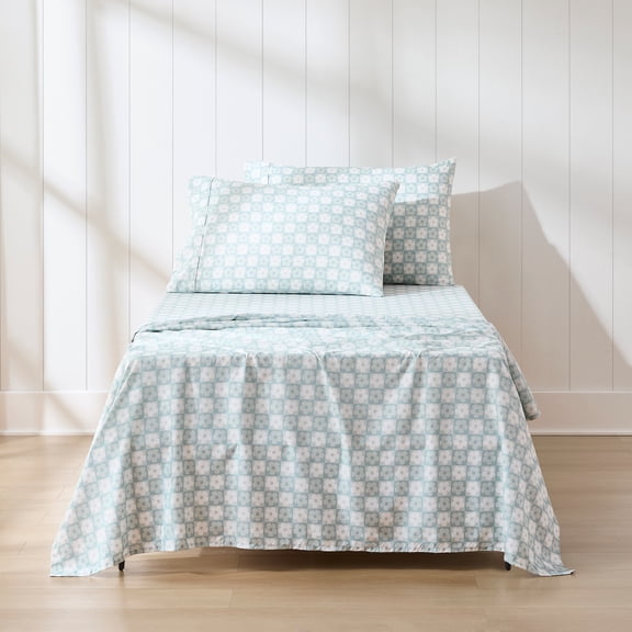 Lush Decor Daisy Checkered Sheet Set 4 Piece Set Twin Aqua - Checkered Sheets - Floral Bed Sheets - Kids Twin Sheets - Boho Flower Print - Retro Decor