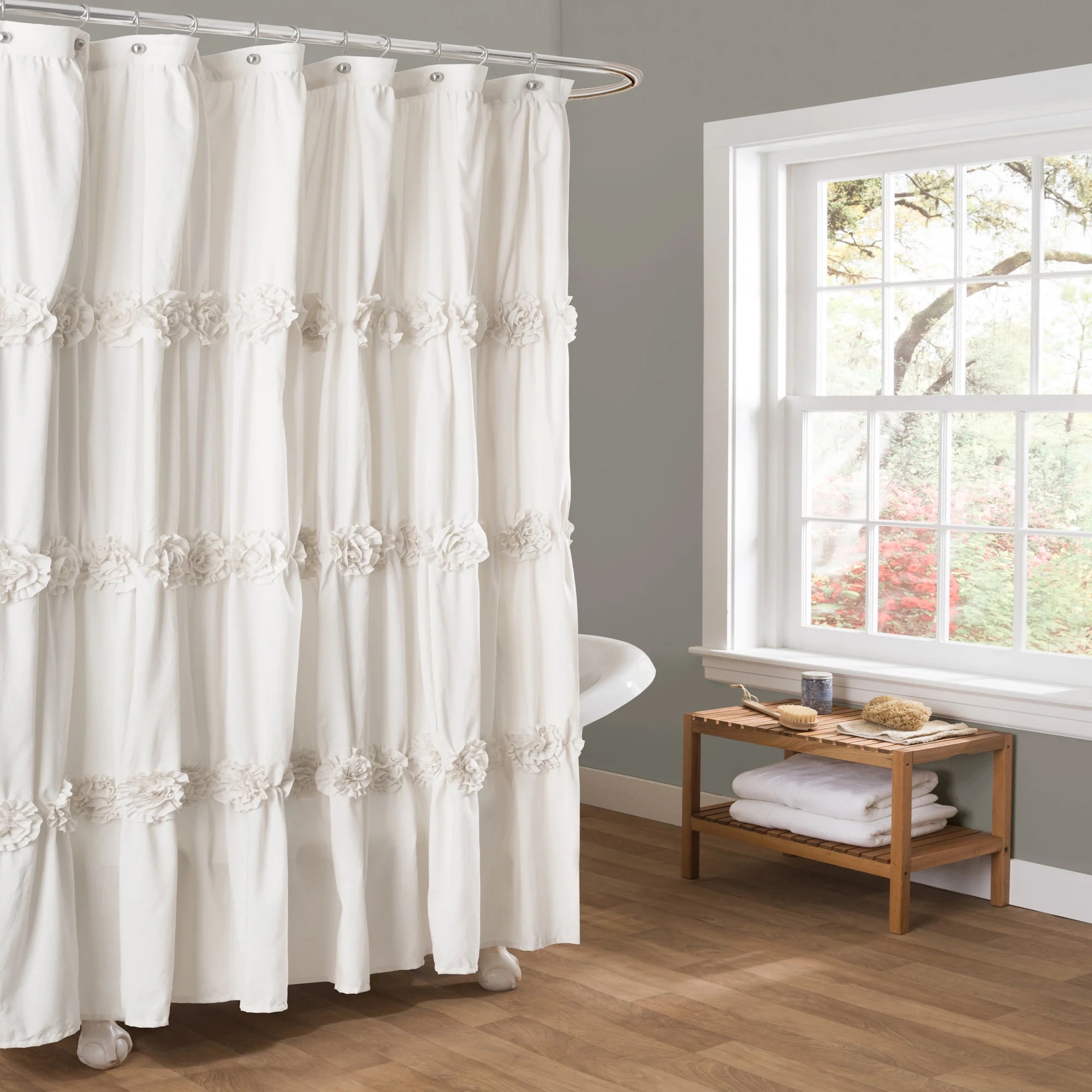Darla White Floral Polyester Shower Curtain with Ruching