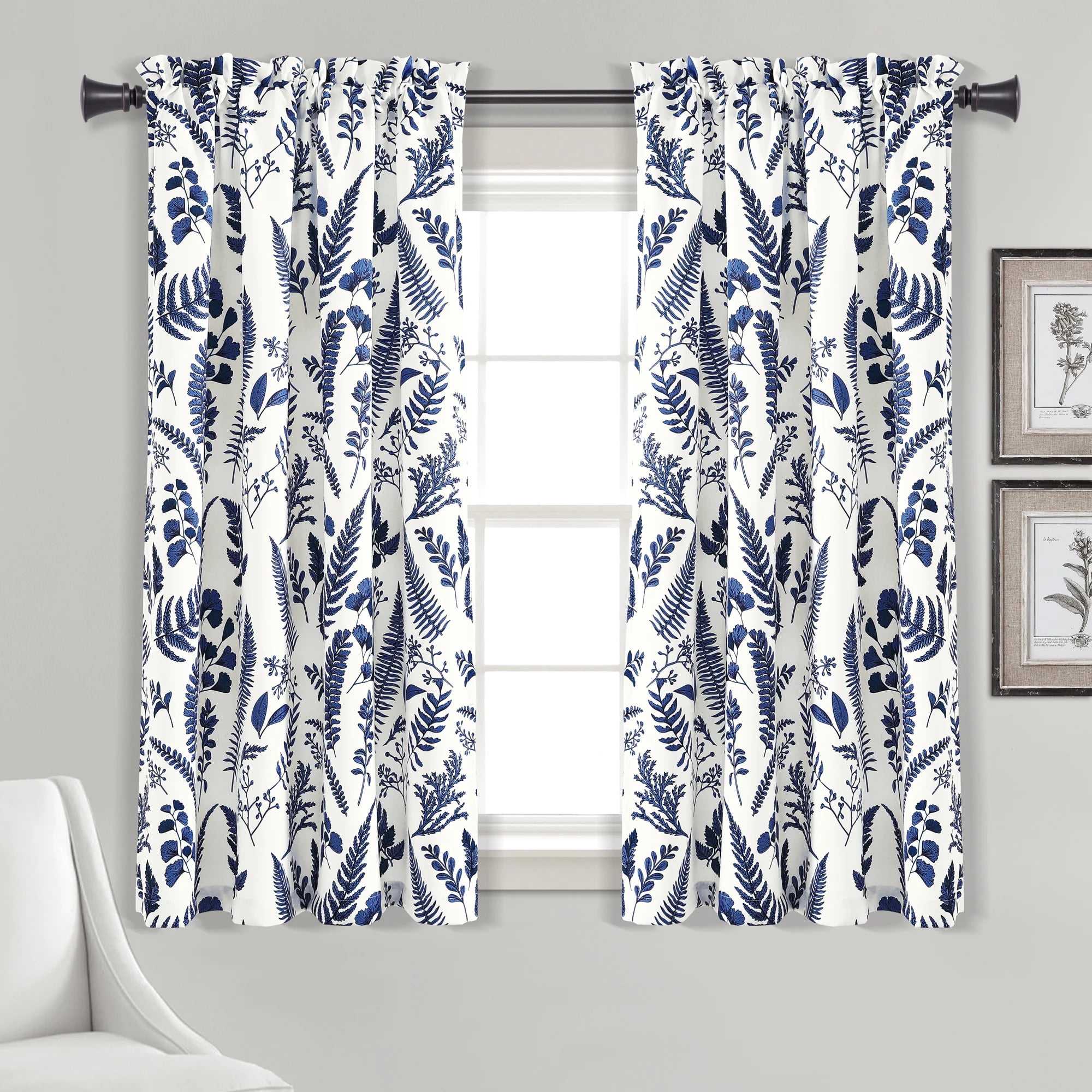 White and Navy Floral Polyester Light Filtering Window Panels