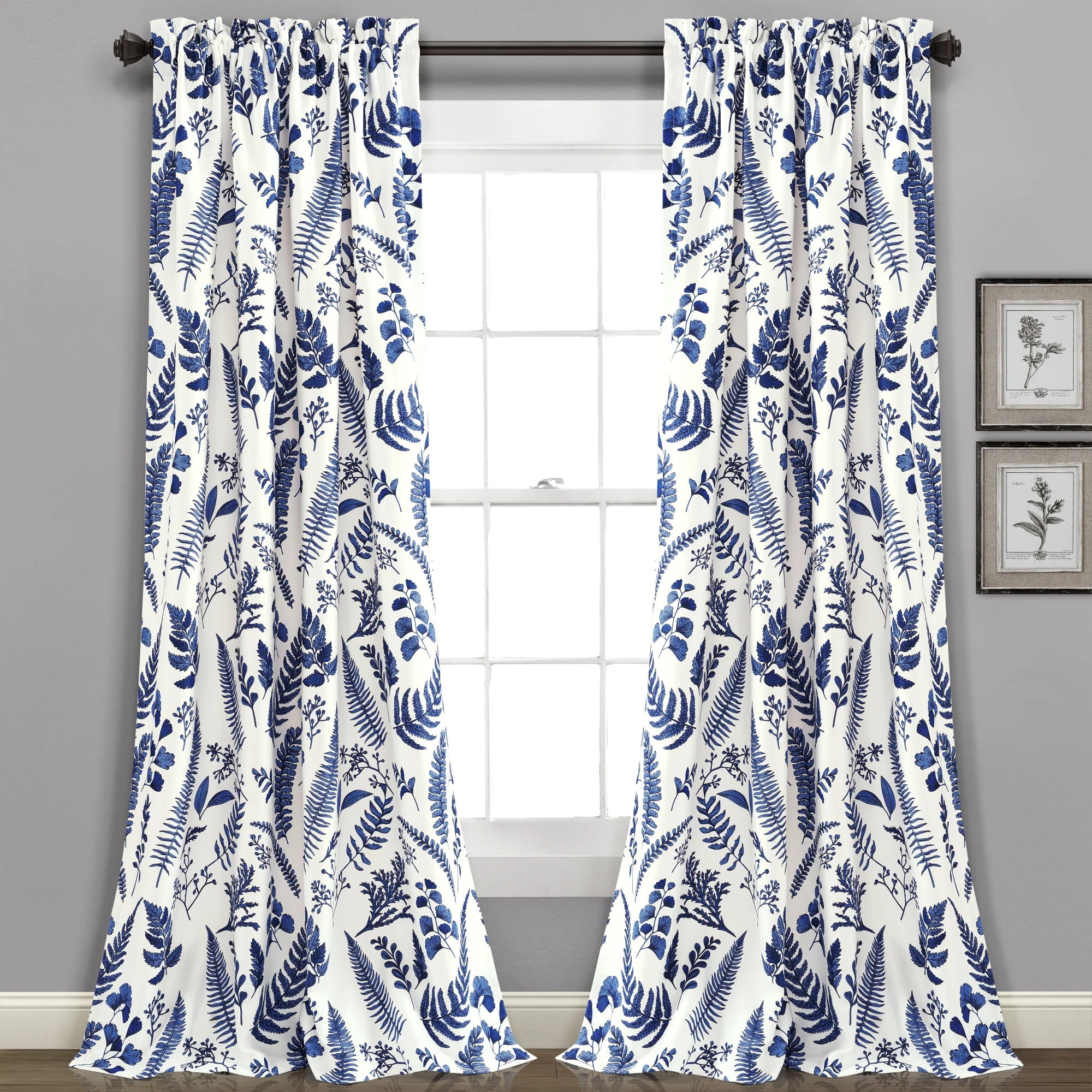 Devonia White and Navy Floral Polyester Blackout Curtains