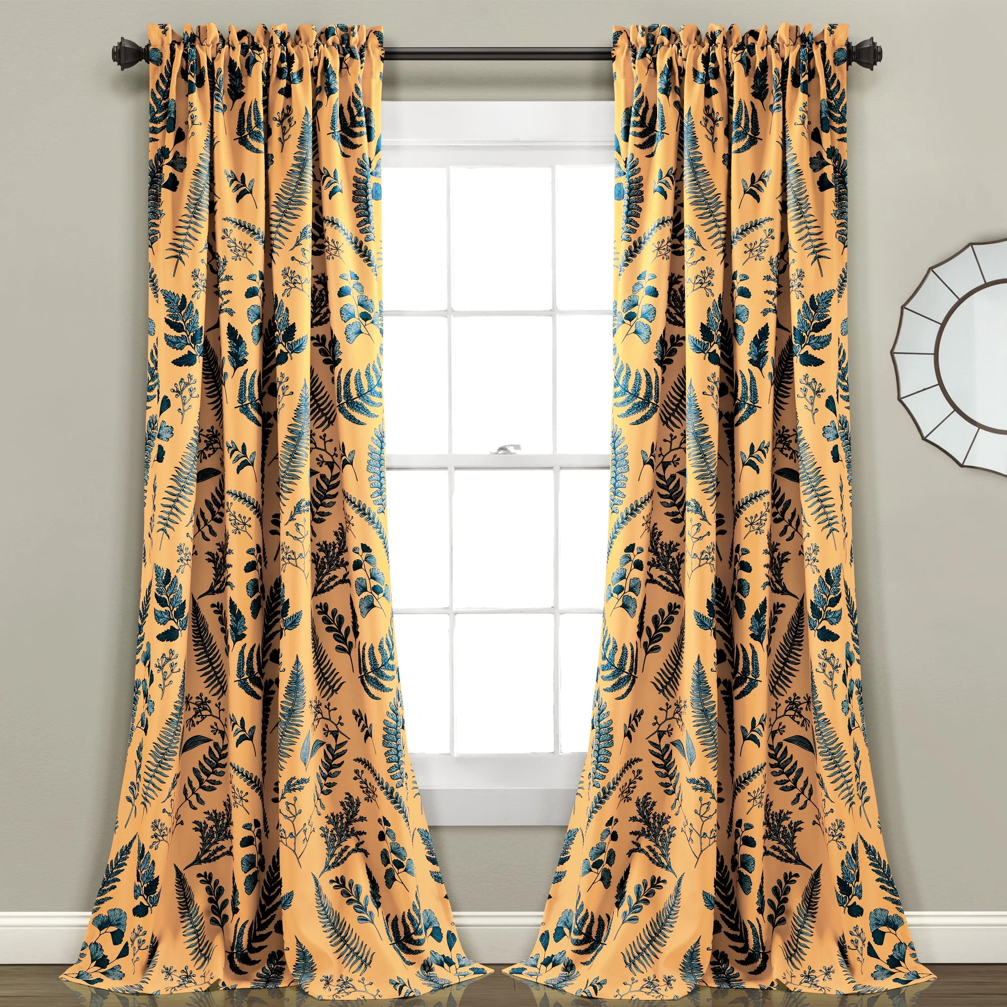 84" Yellow and Blue Polyester Room-Darkening Rod Pocket Curtains