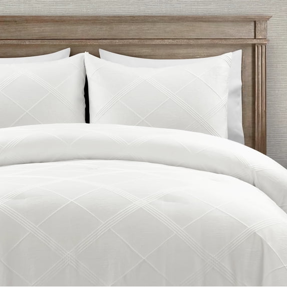 Lush Decor Diamond Geo Jacquard Boho Chic Comforter Pure White 3Pc Set Full/Queen