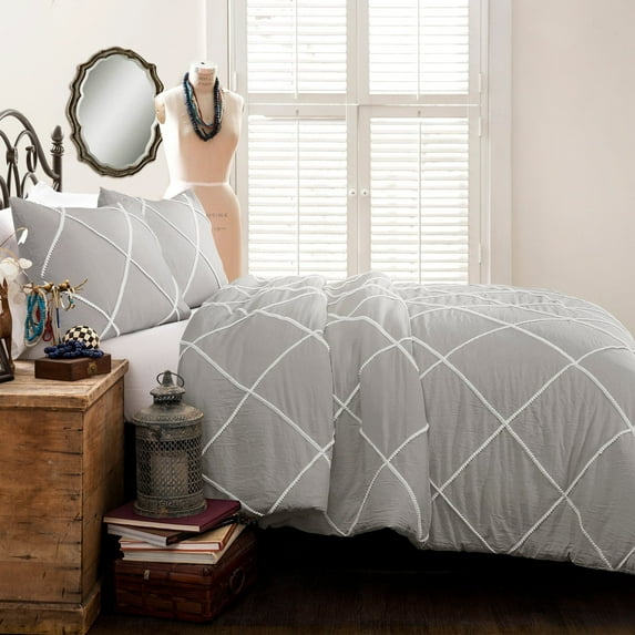 Lush Decor Diamond Pom Pom Comforter Gray 3Pc Set King