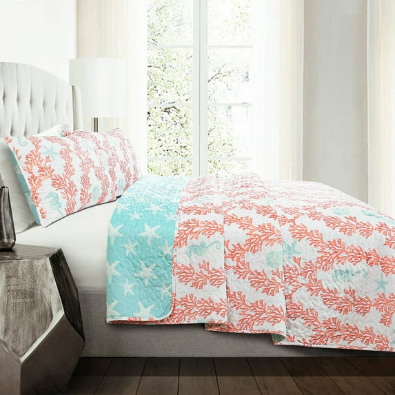 Lush Decor Dina Coral Coastal Cotton Reversible Quilt, King, Blue/Coral, 3-Pc Set
