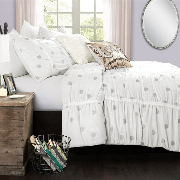Lush Decor Distressed Metallic Heart Print Comforter, Full/Queen, White/Silver, 3-Pc Set