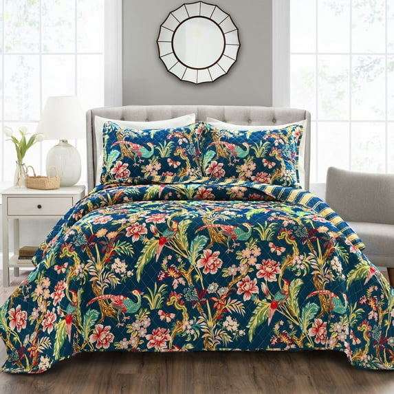 Lush Decor Dolores Nature Cotton Reversible Quilt, Full/Queen, Navy/Multi, 3-Pc Set