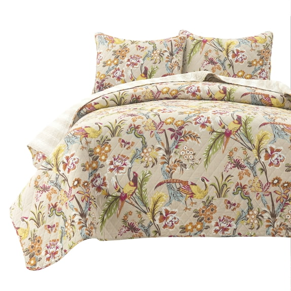 Lush Decor Dolores Reversible Cotton Quilt Set, 3 Piece Set, King, Neutral & Multi - Soft Tropical Bedding Set - Floral & Bird Quilt - Cottage, Maximalist & French Country Bedroom Decor