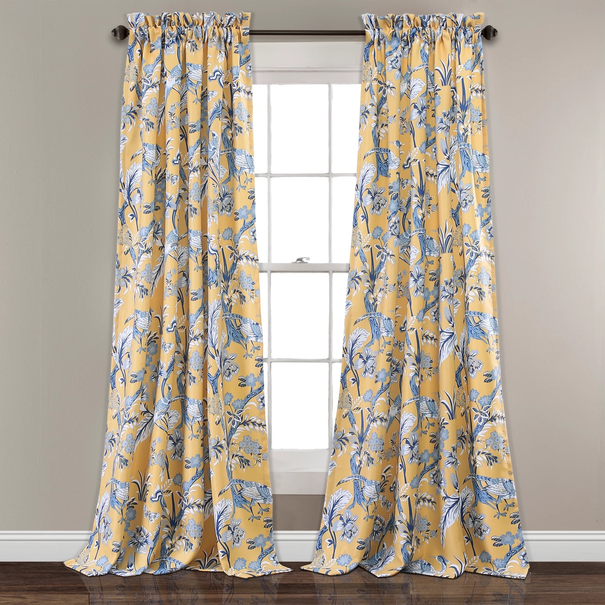 Yellow Floral Peacock Polyester Blackout Window Panels