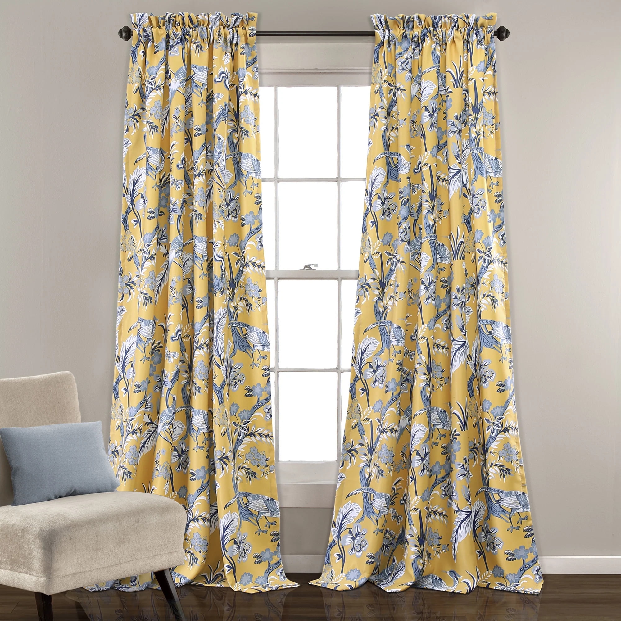 Dolores Yellow Floral Peacock Light Filtering Curtain Panels, Set of 2