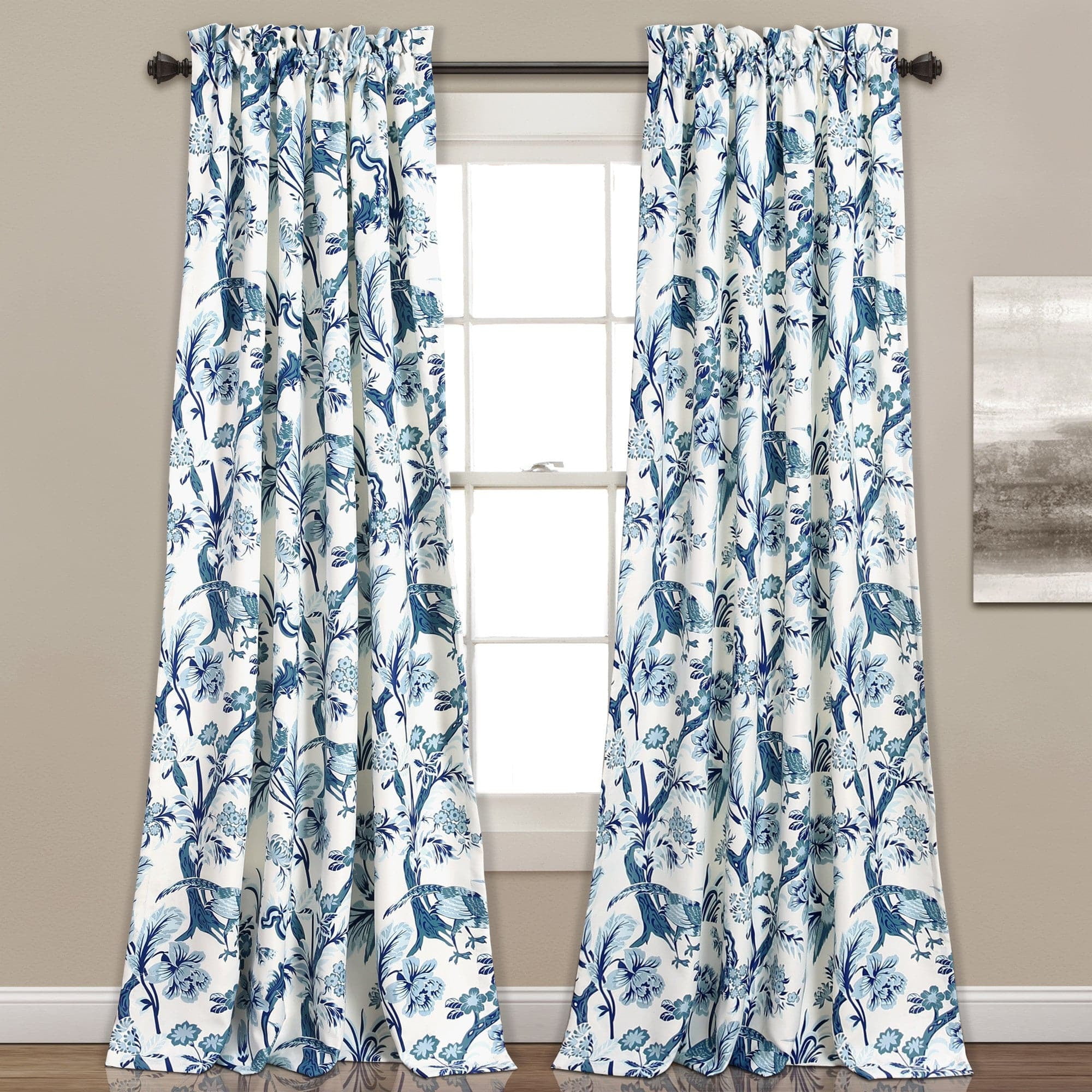 Dolores Blue Floral Polyester Room Darkening Curtain Panels