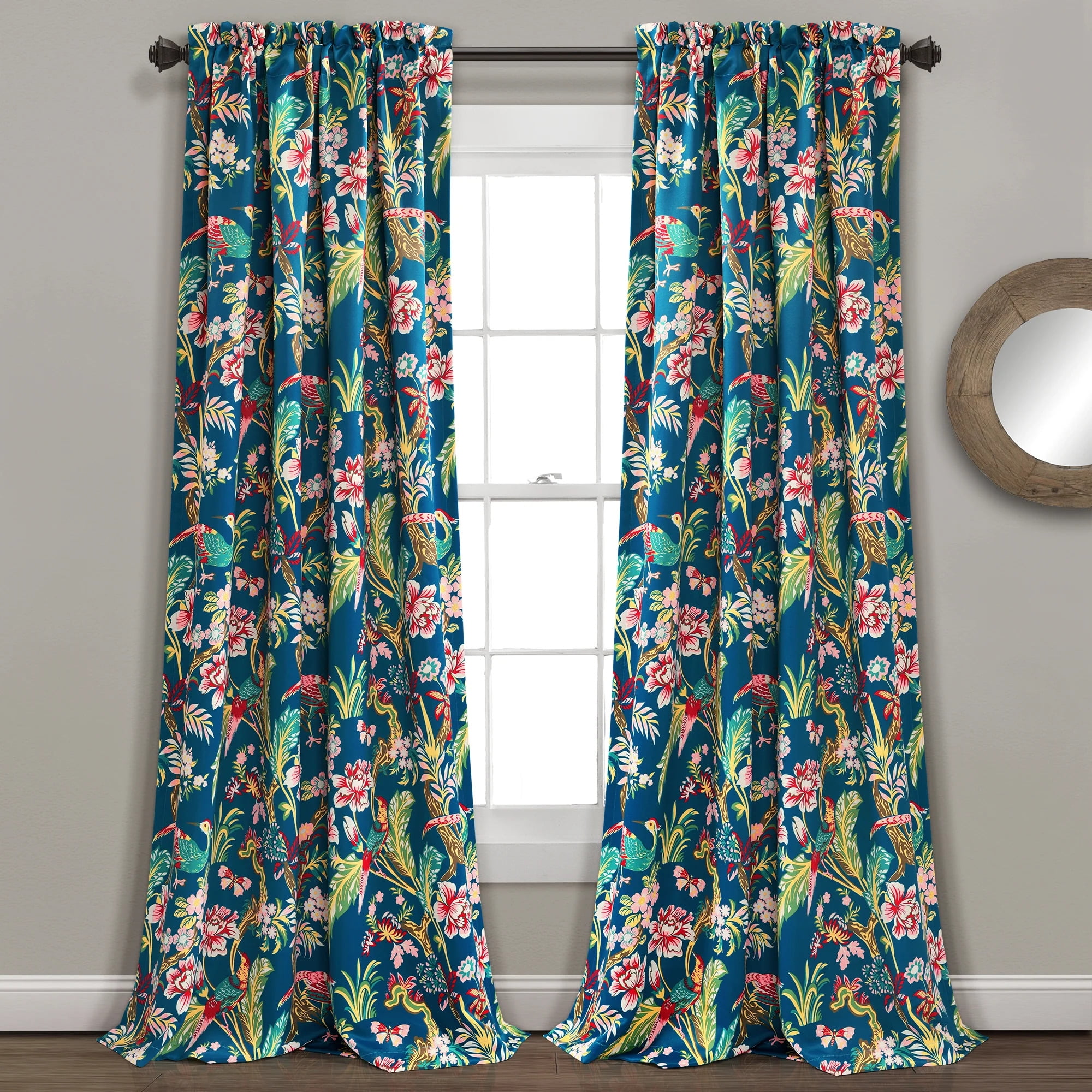 Navy and Multi Floral Blackout Polyester Curtain Panels