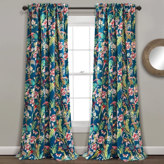 Lush Decor Dolores Room Darkening 95" x 52" + 2" Header Nature Navy 3" Rod Pocket Pair Window Panel