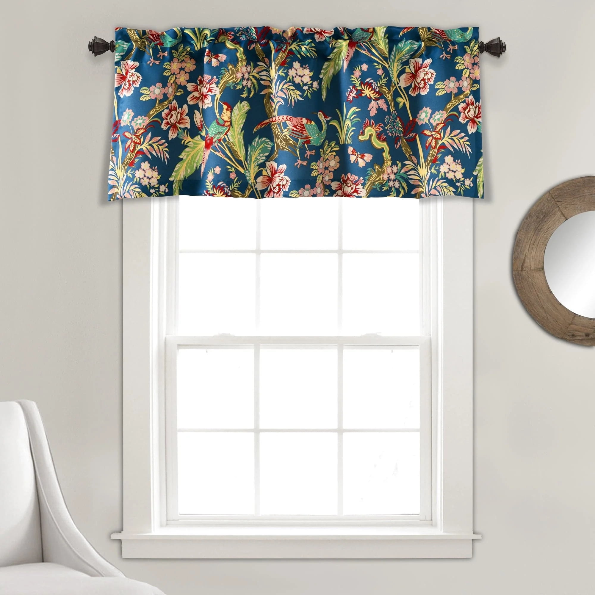 Dolores Navy Multicolor Light Filtering Valance with Peacock Print