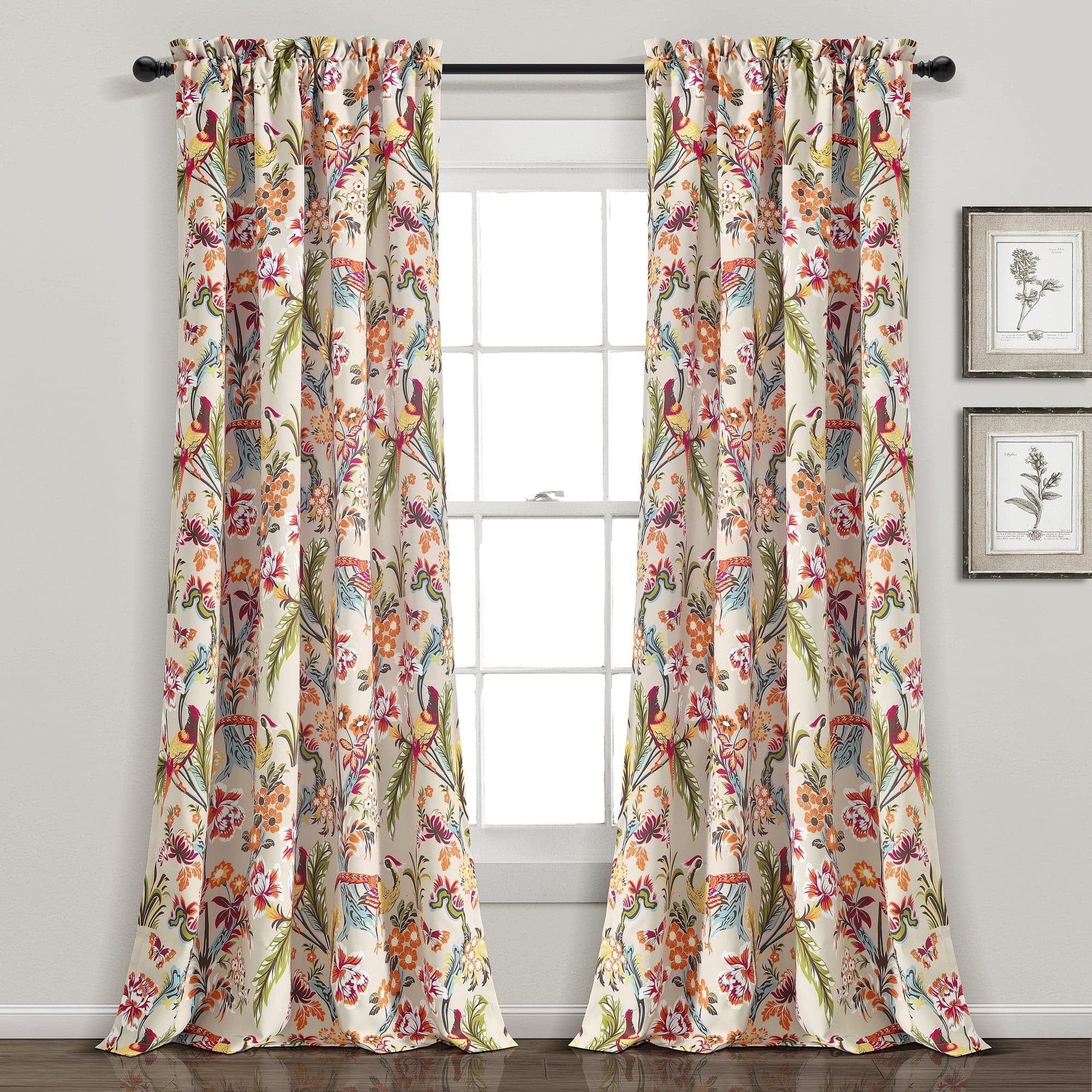 Dolores Neutral Multi Floral Bird Print Blackout Curtains, 84" x 52"