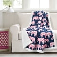 thumbnail image 1 of Lush Decor Elephant Parade Kids Animal Print Sherpa Reverse Throw, 60" x 50", Navy/Pink, Single, 1 of 11