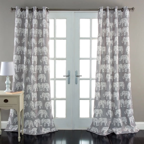 Lush Decor Elephant Parade Room Darkening 84" x 52" Gray Metal Grommets 2-Pc Set Window Panel