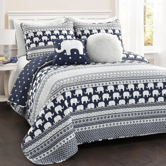 Lush Decor Elephant Stripe Quilt Navy 5Pc Set Full/Queen