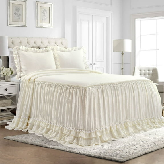Lush Decor Ella Parisian Vintage Chic Ruffle Lace Bedspread Ivory 3Pc Set Queen