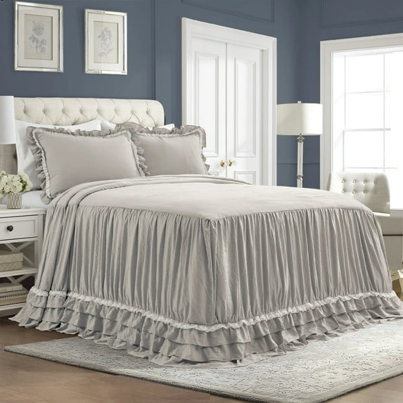 Lush Decor Ella Parisian Vintage Chic Ruffle Lace Bedspread Light Gray 3Pc Set Queen