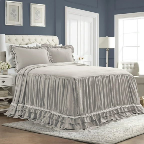 Lush Decor Ella Parisian Vintage Chic Ruffle Lace Bedspread Light Gray 3Pc Set Queen
