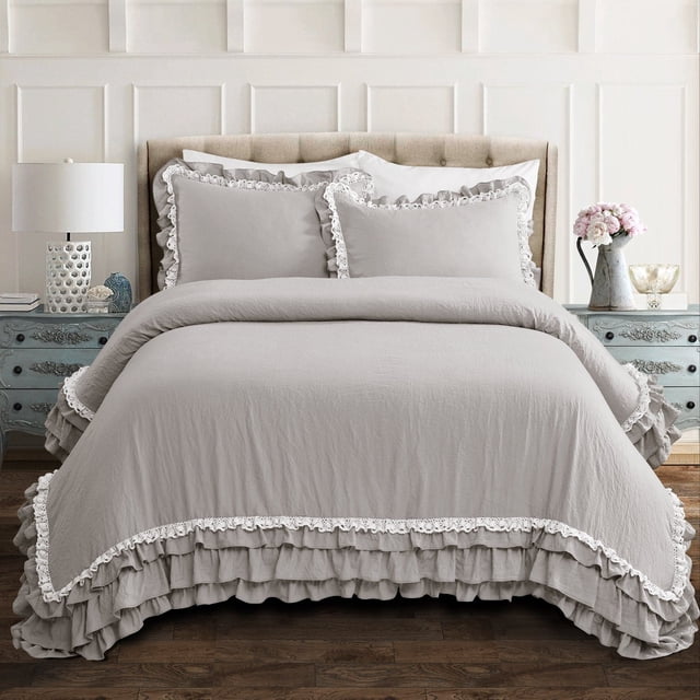 Lush Decor Ella Parisian Vintage Chic Ruffle Lace Comforter Light Gray 3Pc Set Full/Queen