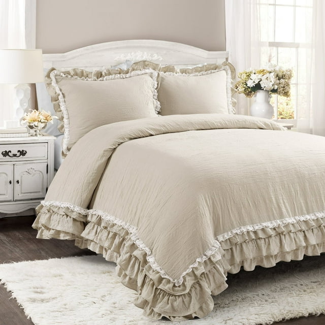 Lush Decor Ella Parisian Vintage Chic Ruffle Lace Comforter Neutral 3Pc Set King