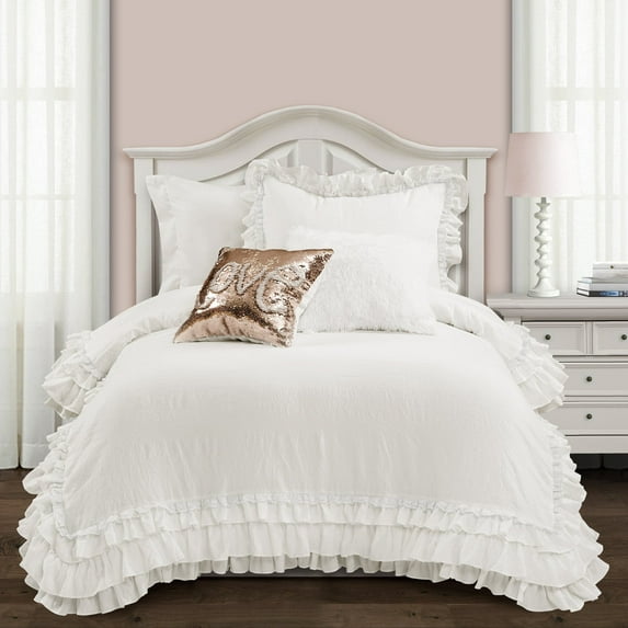 Lush Decor Ruffled Bedding Comforter Set, Parisian Vintage Chic Ruffle Lace, White, 2-Piece, Twin XL