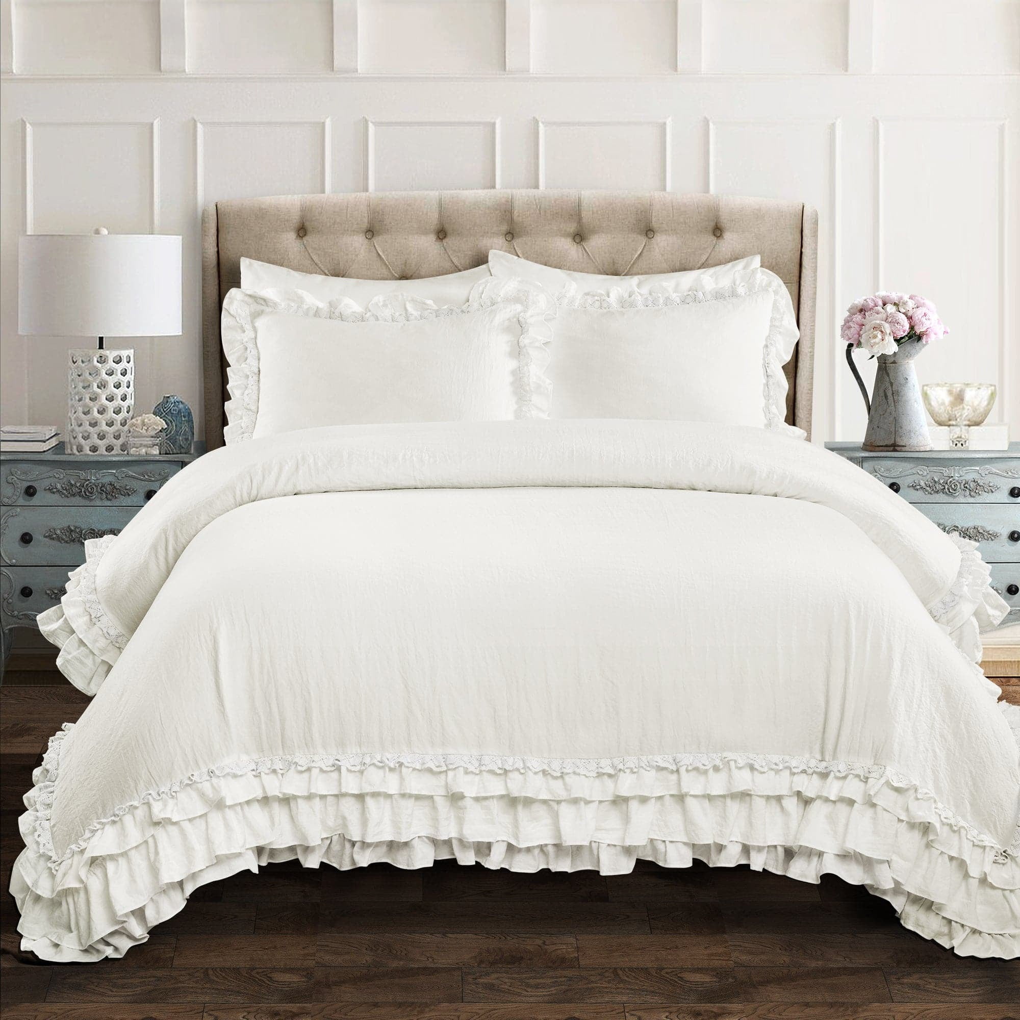 Full White Microfiber Ruffle Lace Comforter Set