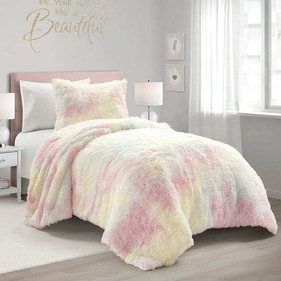 Lush Decor Emma Cozy Ultra Soft Rainbow Faux Fur Kids Back To Campus Comforter Rainbow 2Pc Twin-Xl