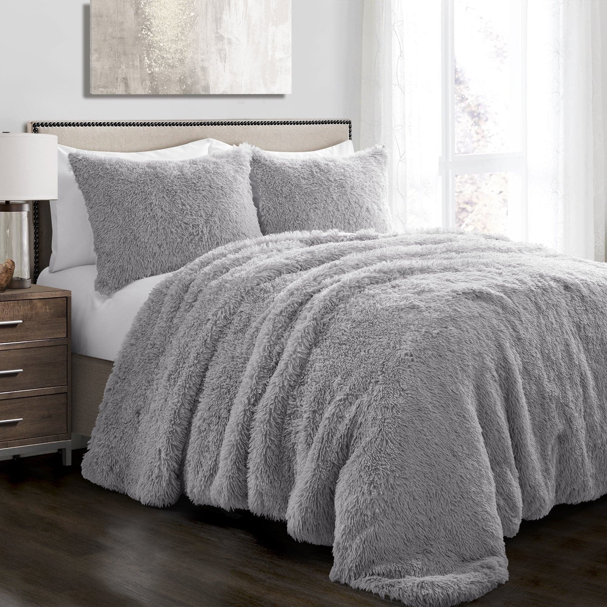 Light Gray Faux Fur Full Comforter Set with Shams