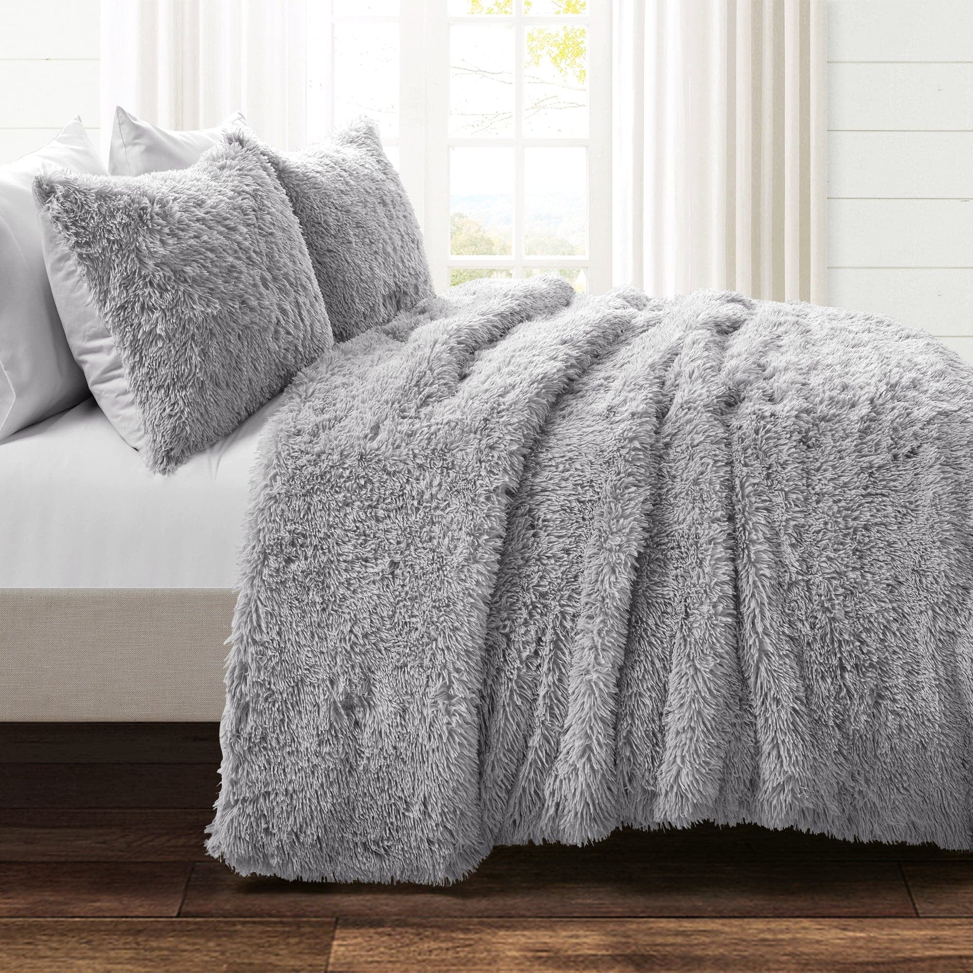 King Light Gray Faux Fur Reversible Comforter Set