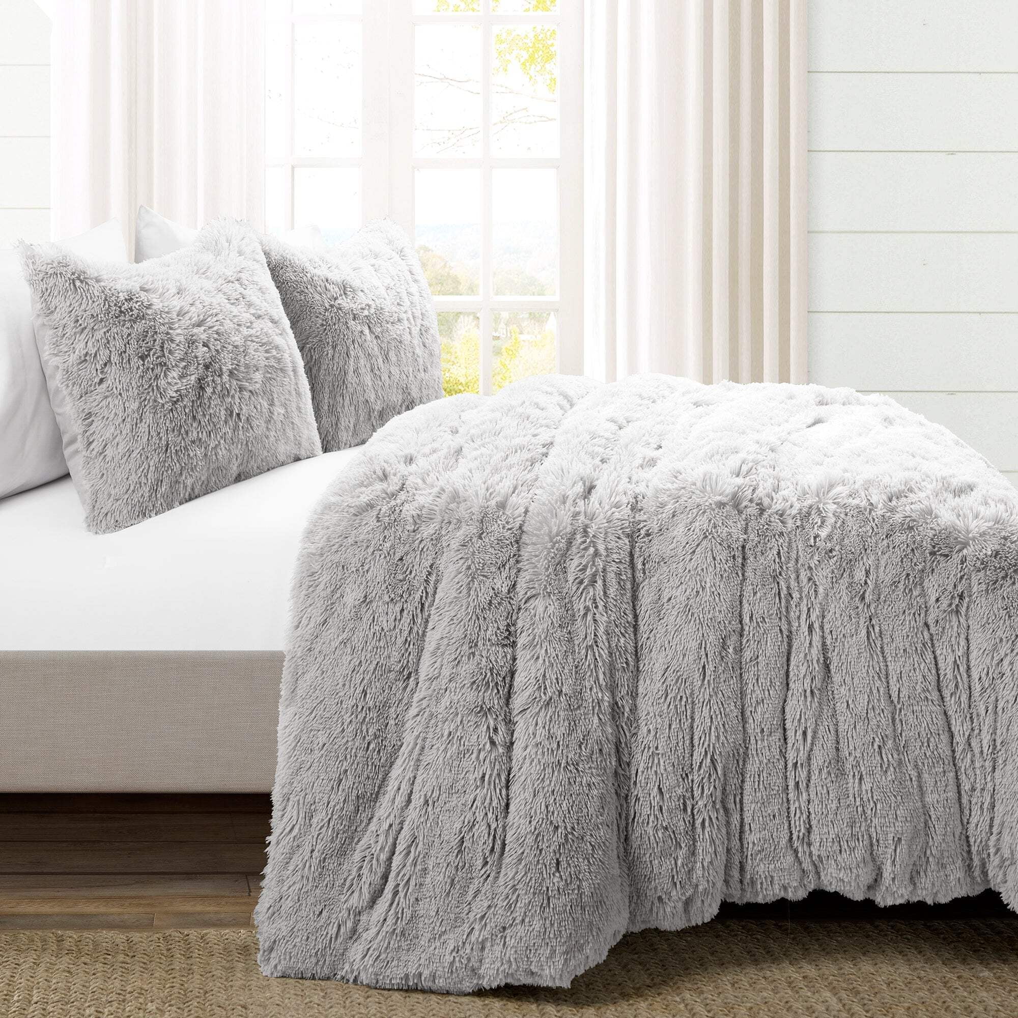 Lush Decor Emma Faux Fur Duvet Cover - Light Gray - Full/Queen