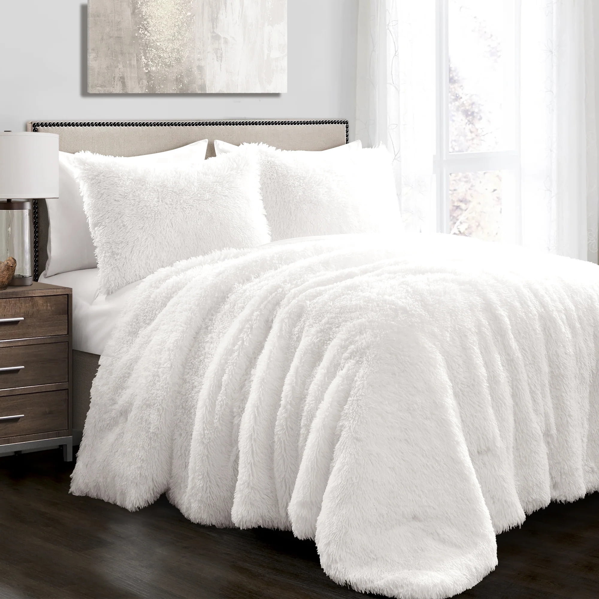 Full White Faux Fur Reversible Comforter Set