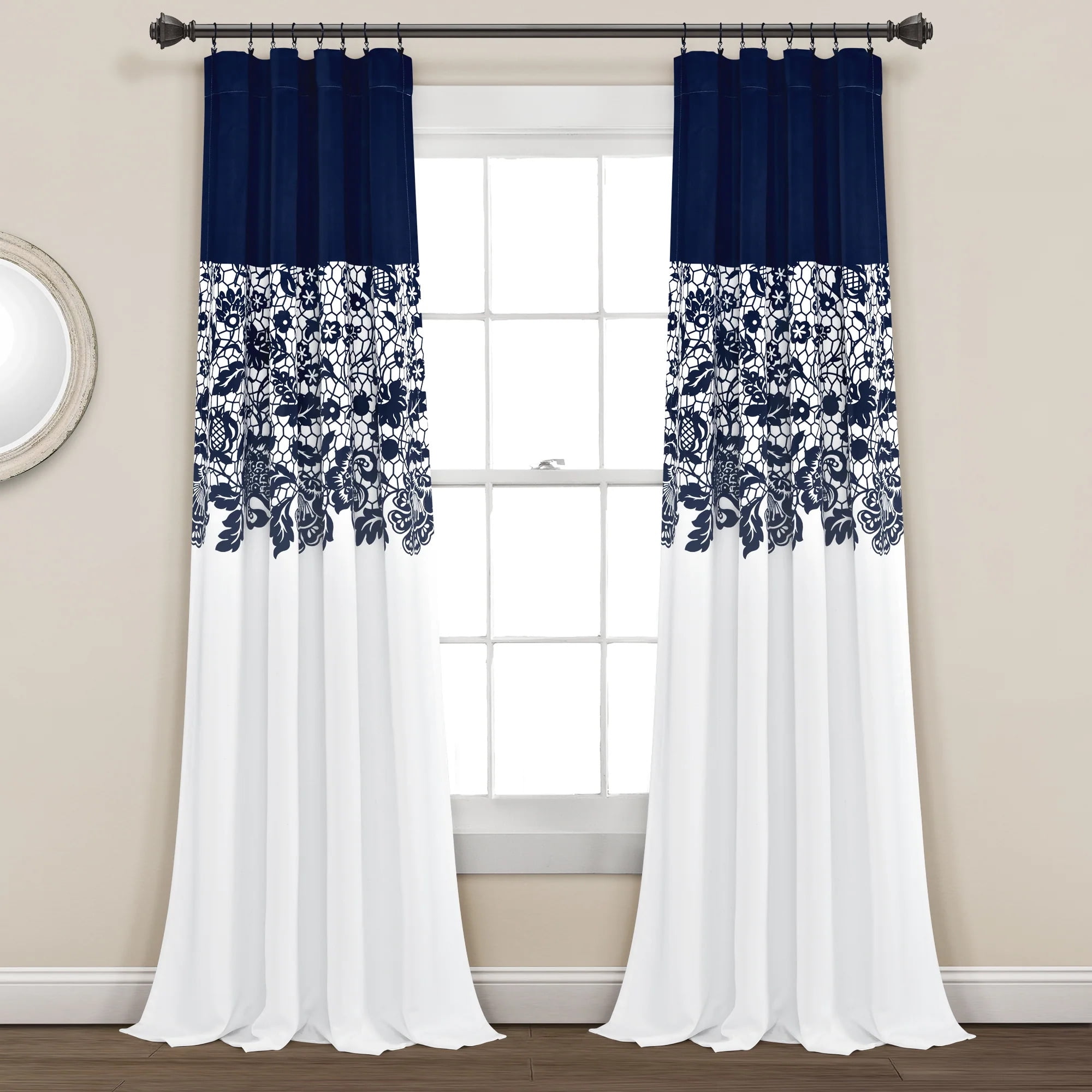 Navy and White Floral Blackout Polyester Window Panels