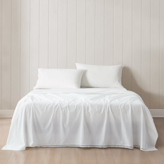 Lush Decor Evelyn Lace Trim Cotton Sheet Set 4 Piece Set Queen White - Cotton Sheets - White Bed Sheets - Farmhouse & Coquette Decor