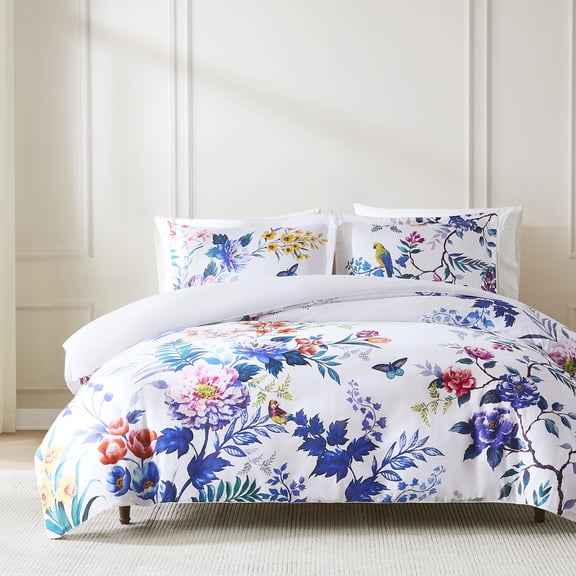 Lush Decor Fantasia Cotton Duvet Cover 3 Piece Set Full/ Queen Teal & Blue - Floral Duvet - Tropical Bedding Set - Bird Print - Modern Maximalist Decor