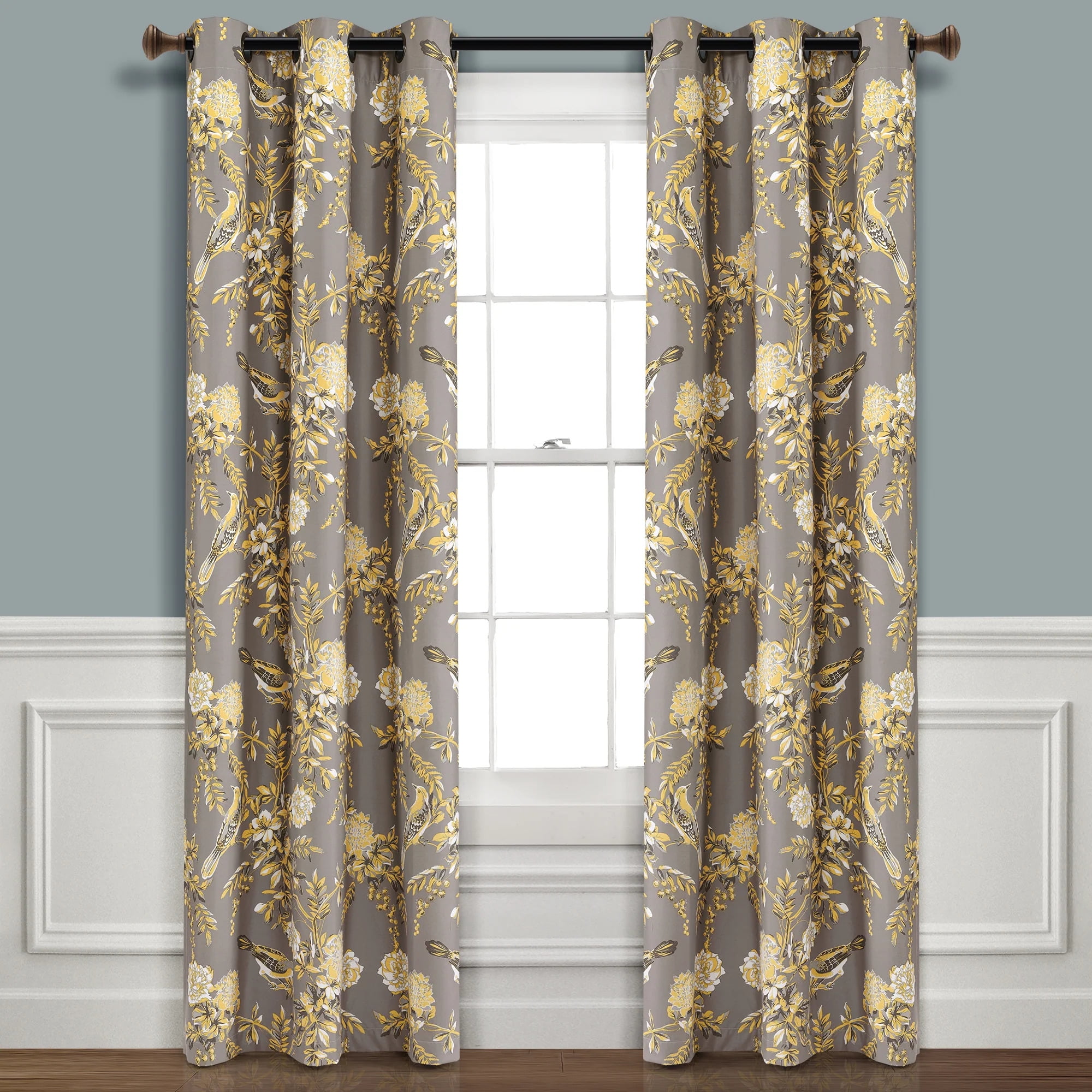 Gray and Yellow Floral Blackout Grommet Curtain Panels for Kids