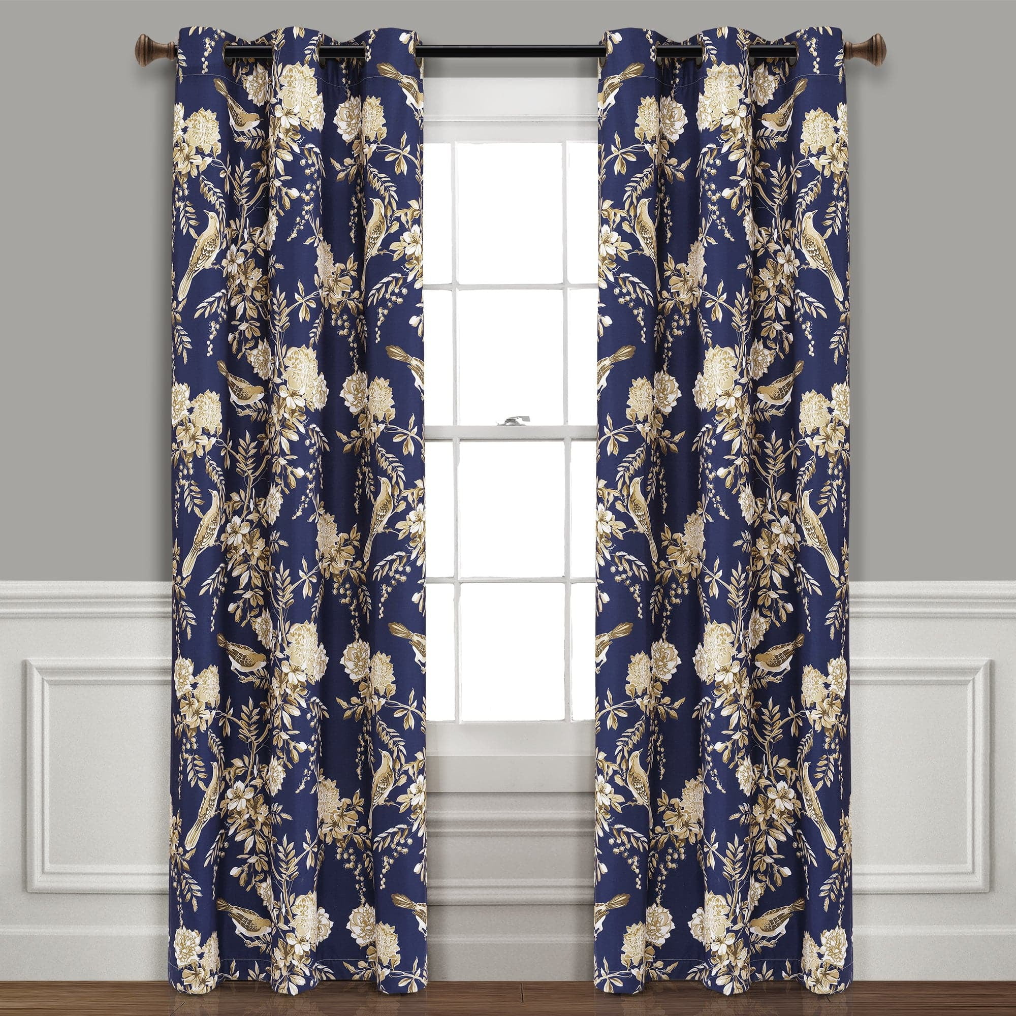 Navy and Taupe Floral Blackout Grommet Curtain Panels for Kids