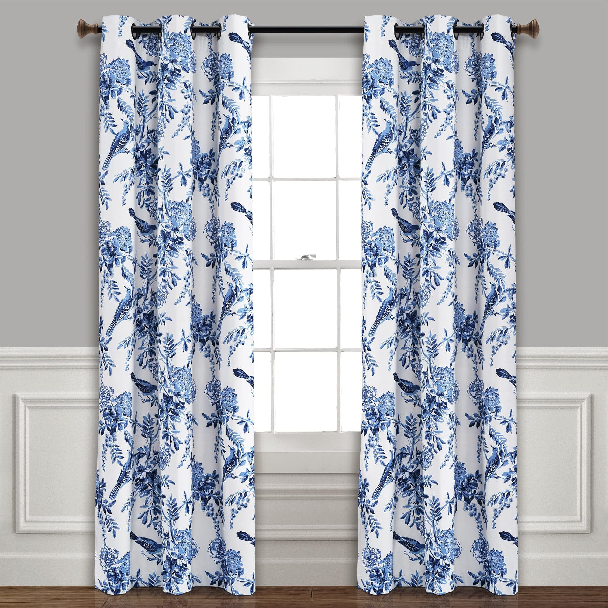 Farmhouse Blue and White Bird Flower Blackout Curtain Pair